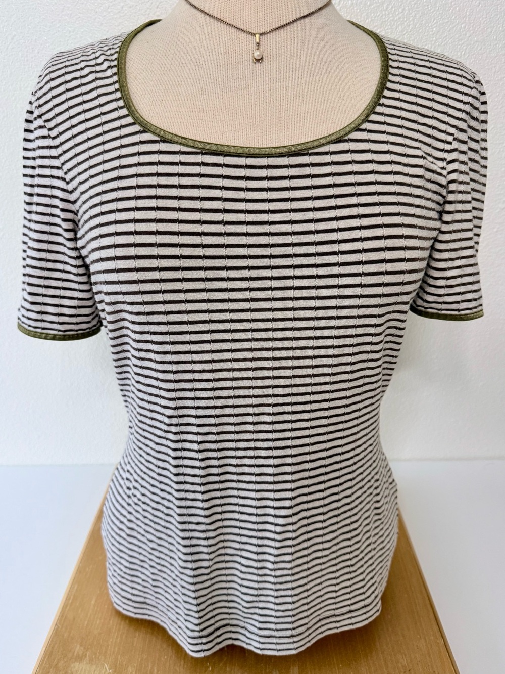Vintage Esprit Striped Short Sleeve Top Textured Knit Shiny Green Trim Size L